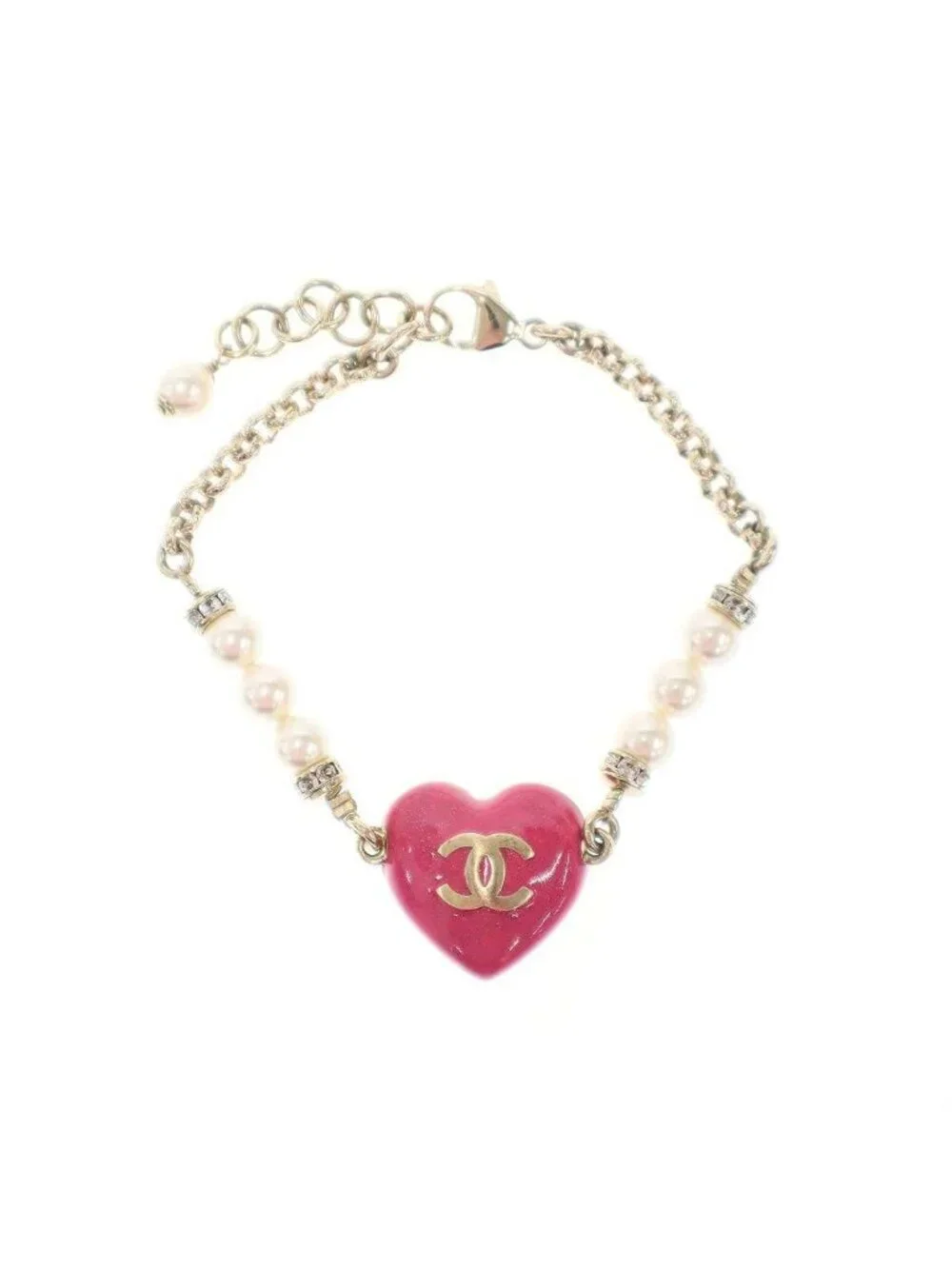 Chanel CC Logo Heart Pearl Bracelet Pink Gold